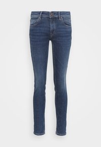 Mörkblå skinny jeans i denimtyg, med fem fickor, en knappstängning fram och lätt urblekta detaljer på benen.