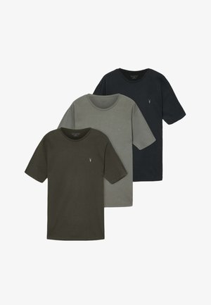 Set van drie T-shirts met korte mouwen in donkergroen, lichtgrijs en zwart, met een klein logo op de borst en een ronde hals.