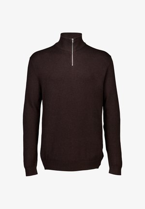 Brown, high-neck sweater with a quarter zipper. Made from a soft, smooth material. Features a fitted shape and long sleeves.
