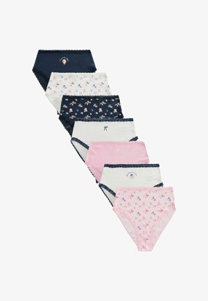 Sedm párů dámských bavlněných kalhotek s vysokým pasem v námořnické modři, bílé a růžové barvě s květinovými potisky a krajkovým lemem, uspořádaných diagonálně.