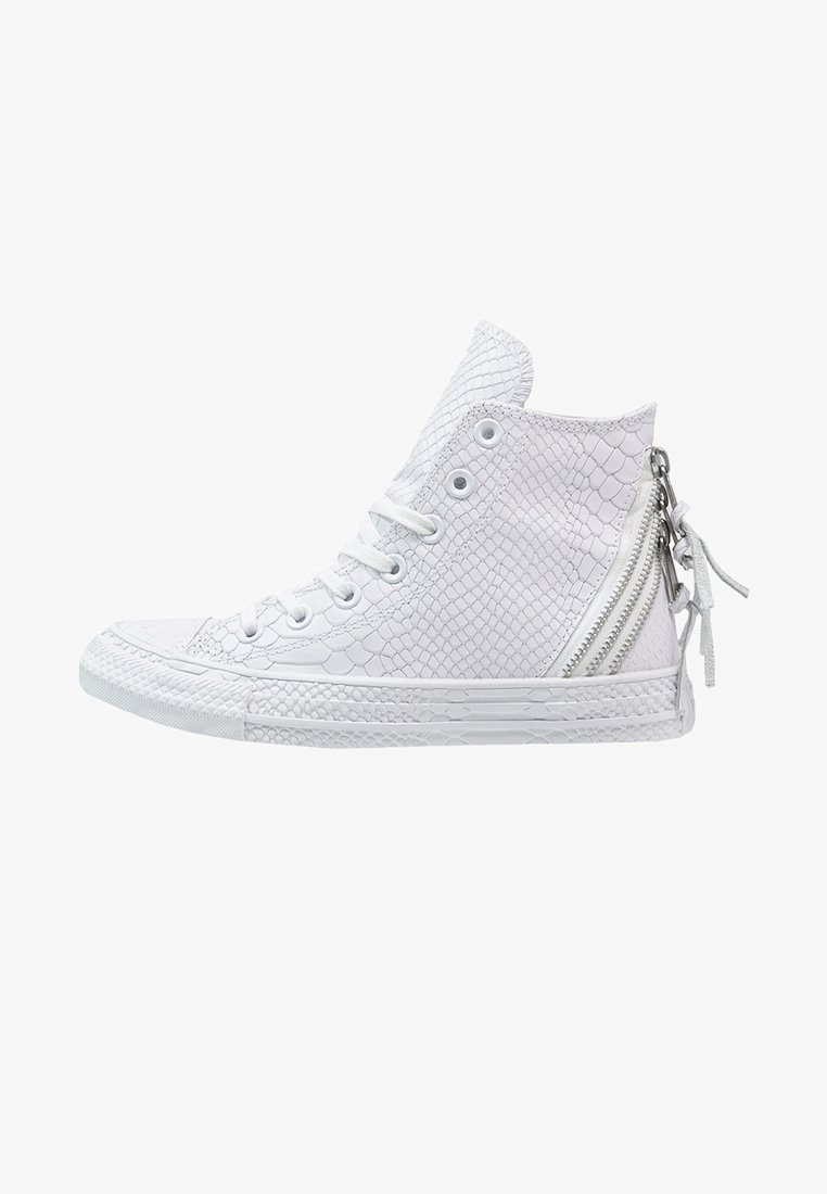 White high-top sneakers with a textured snake design, featuring white laces, a zipper accent on the side, and a rubber sole.