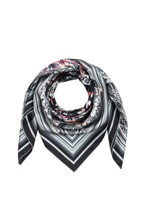 Quadratisches Seidentuch mit schwarzen, weißen und grauen Streifen und floralen Mustern in Pink und Lila, zu einer kreisförmigen Form gefaltet.