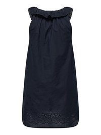 Robe en coton bleu marine avec une épaule froncée et des détails en œillets. Présente des motifs floraux et un ourlet festonné. Légère et ample.