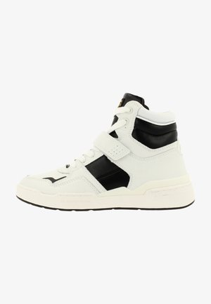 White high-top sneaker with black accents, leather and synthetic materials, lace-up with a Velcro strap, textured detailing, and rubber sole.