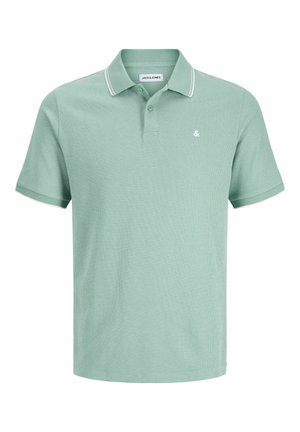 Hellgrünes, leicht strukturiertes Herren-Poloshirt mit kurzen Ärmeln, Zweiknopf-Leiste, kontrastierendem Kragenabschluss und kleinem weißen Logo auf der linken Brust.