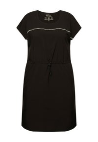 Vestido negro con cuello redondeado, mangas cortas, cintura con cordón y una línea de contraste a lo largo del pecho. Fabricado con una tela ligera y suave.