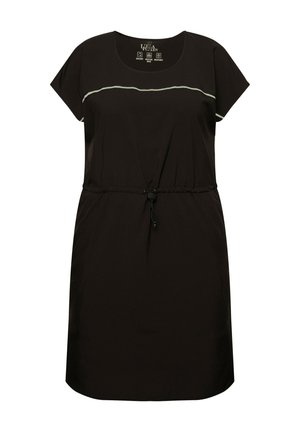 Abito nero con scollatura rotonda, maniche corte, vita con coulisse e una linea a contrasto sul petto. Realizzato in tessuto morbido e leggero.