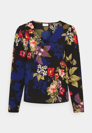 Schwarze Bluse mit langen Ärmeln und V-Ausschnitt, verziert mit einem lebendigen floralen Muster aus roten, violetten und weißen Blumen sowie grünen Blättern.