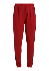 Rode sportbroek met een elastische tailleband, zijvakken en zwarte strepen langs de zijkanten, gemaakt van een gladde, rekbare stof.