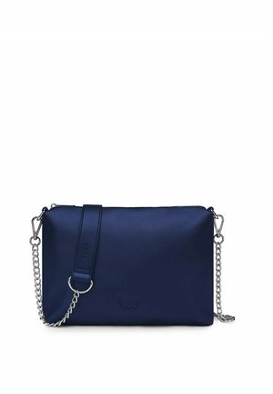 Navy blue leather clutch bag with silver chain strap, zip closure, and an embossed logo on the front. Smooth texture, rectangular shape.