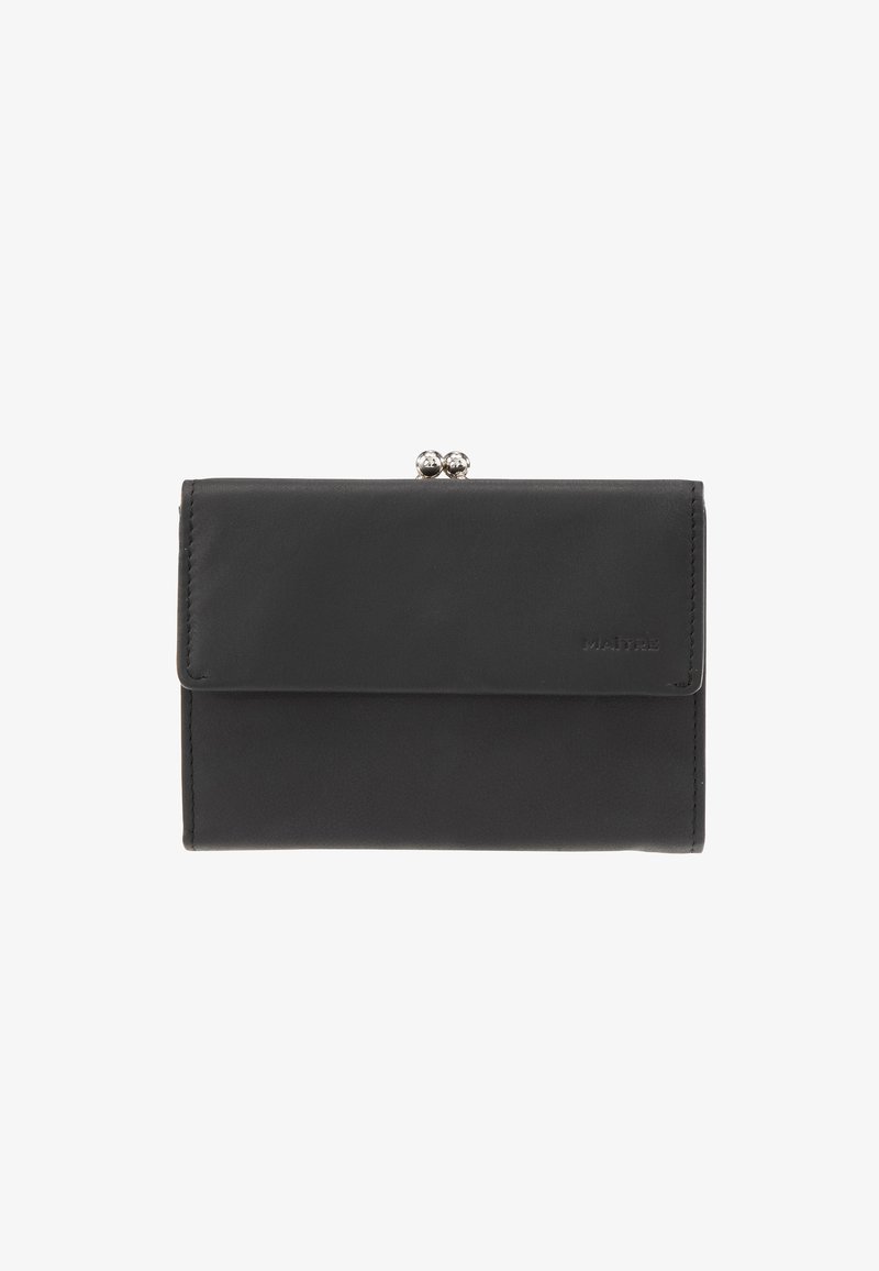 Black leather wallet with a front flap, featuring two metallic clasp balls and subtle branding on the bottom right corner.