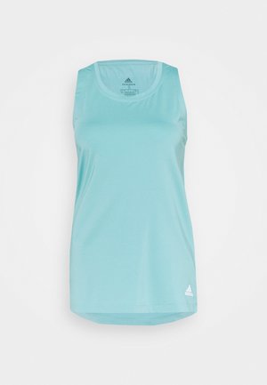 Débardeur de sport Adidas bleu clair sans manches avec col rond et petit logo blanc en bas.