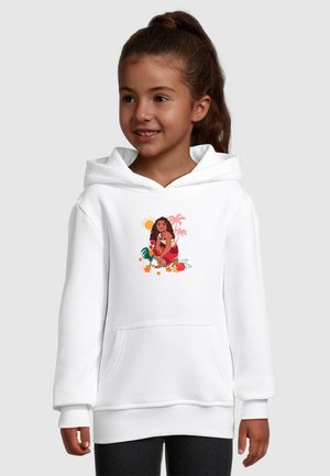 Felpa bianca con cappuccio caratterizzata da una grafica colorata di una ragazza circondata da fiori e da un sole. Include una tasca frontale e polsini a coste.