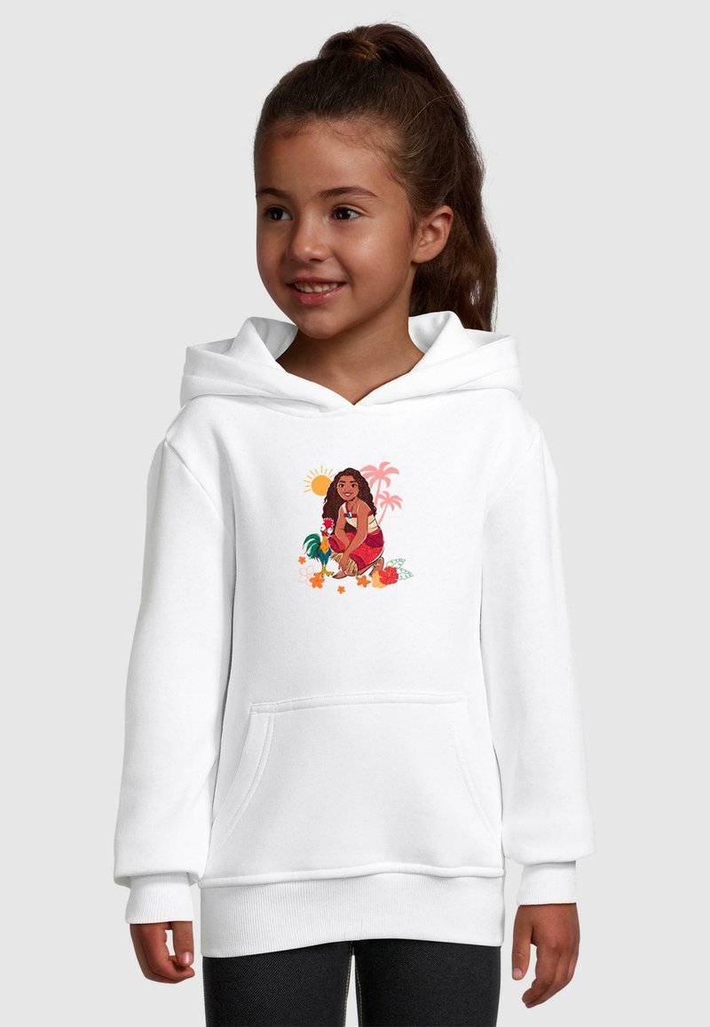 Felpa bianca con cappuccio caratterizzata da una grafica colorata di una ragazza circondata da fiori e da un sole. Include una tasca frontale e polsini a coste.