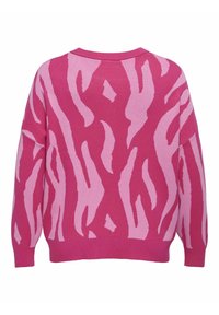 Pulover roz și roz deschis cu un model abstract îndrăzneț, având un guler rotund și manșete și margine ribbate. Textură tricotată, mâneci lungi.