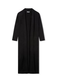 Cardigan lungo nero realizzato in morbido tessuto, caratterizzato da un design aperto, maniche lunghe e una linea dritta senza chiusure.