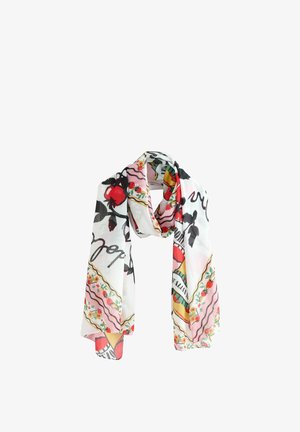 White scarf with colorful tomato and floral patterns, black text, and green and pink decorative borders.