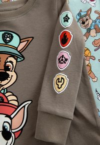 Brun sweatshirt med karikatyrav en hundgrafik, med broderade färgglada märken på ärmen. Ribbad mudd och mjukt bomullstyg.