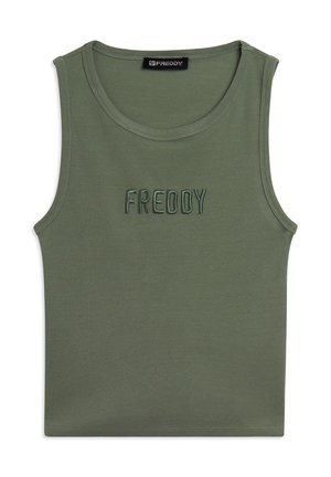 Débardeur côtelé sans manches couleur vert olive avec encolure ronde et "FREDDY" brodé en fil assorti sur la poitrine.