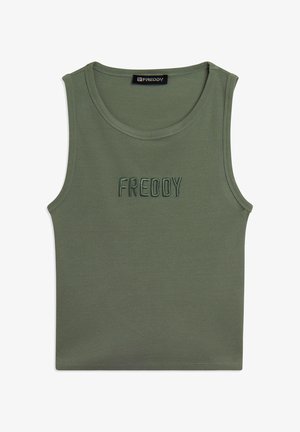 Débardeur côtelé sans manches couleur vert olive avec encolure ronde et "FREDDY" brodé en fil assorti sur la poitrine.