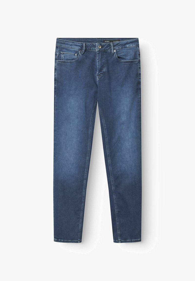 Harris slim-fit blå denim jeans til mænd med klassisk fem-lomme design og knaplukning på en hvid baggrund.