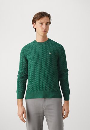 Maglione verde a trecce con polsini e orlo a costine. Presenta il logo Lacoste sul lato sinistro del petto. Abbinato a pantaloni grigio chiaro.