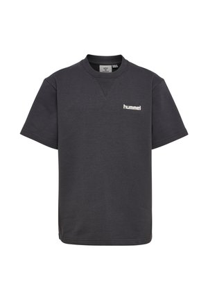 Mørkegrå T-shirt med korte ærmer og rund halsudskæring, med lille hvid "hummel"-logo på venstre bryst og ribbet kravedetalje.