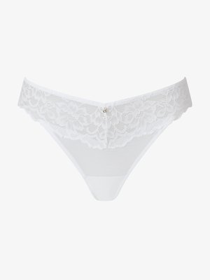 Biały koronkowy thong z kwiatowym wzorem i siateczkowym materiałem. Posiada falbaniaste brzegi oraz srebrny detal na środku. Bluzka.
