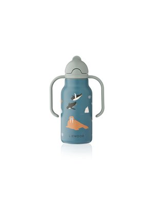Bouteille avec une finition mate bleue, présentant des illustrations d'animaux, deux poignées et un couvercle gris. Le matériau semble être un plastique durable.