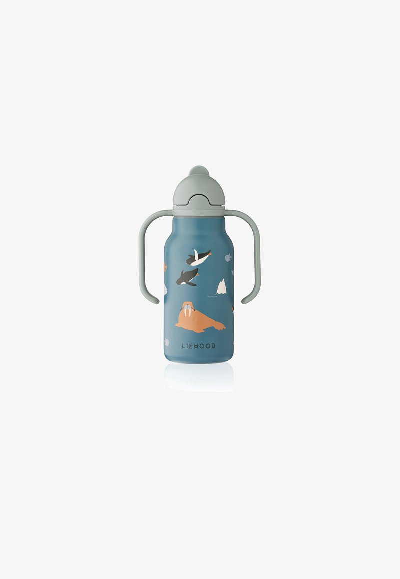 Flaske med en blå, mat overflade, udstyret med dyreillustrationer, to håndtag og et gråt låg. Materialet ser ud til at være holdbar plastik.