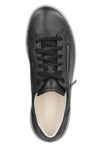 Sneaker in pelle nera con lacci, cerniera laterale, punta arrotondata e suola in gomma bianca. Include il logo impresso nella soletta.