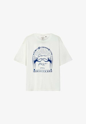 Biała bawełniana koszulka o luźnym kroju, z niebieską grafiką przedstawiającą dłonie i napisem „Cosmic Pleasure”. Krótkie rękawy, okrągły dekolt.