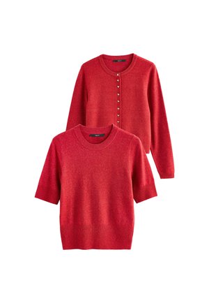 Red knit sweater set featuring a short-sleeve top with a round neckline and a long-sleeve cardigan with button accents. Soft texture.