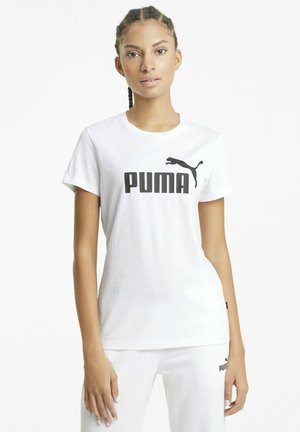 T-shirt bianco in cotone con un audace logo e silhouette nera "PUMA" sul petto. Maniche corte e scollo rotondo.