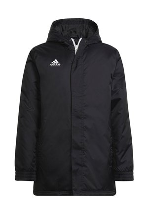 Veste de sport noire avec une capuche, fabriquée dans un tissu lisse et résistant à l'eau. Présente des poignets élastiques et un logo Adidas blanc sur la poitrine.