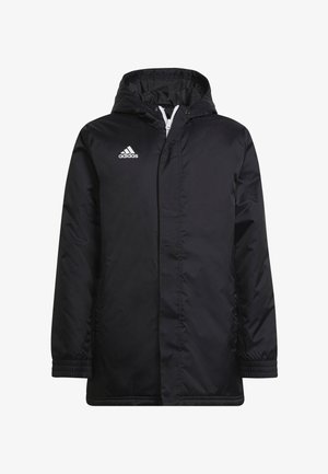 Schwarze Sportjacke mit Kapuze, aus einem glatten, wasserabweisenden Stoff gefertigt. Mit elastischen Bündchen und einem weißen Adidas-Logo auf der Brust.