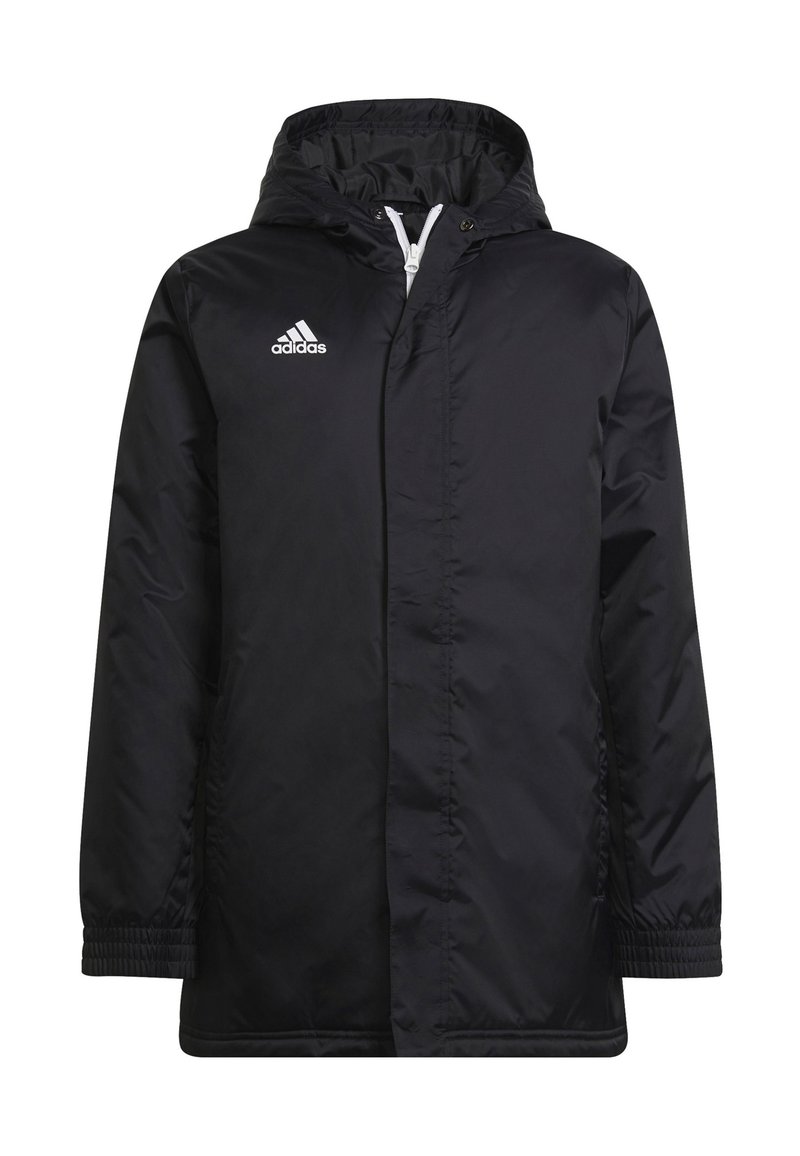 Schwarze Sportjacke mit Kapuze, aus einem glatten, wasserabweisenden Stoff gefertigt. Mit elastischen Bündchen und einem weißen Adidas-Logo auf der Brust.