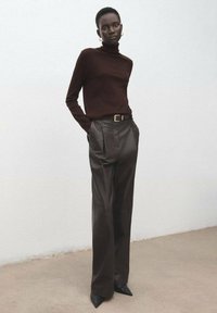 Pulover cu guler înalt de culoare maro închis, asortat cu pantaloni maro plisati cu talie înaltă și pantofi negri cu vârf ascuțit. Estetică simplă și elegantă.