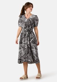 Schwarz-weißes Zebra-Print-Wickelkleid mit kurzen puffigen Ärmeln, tailliertem Schnitt und fließendem Rock. Kombiniert mit beigen Slipper-Sandalen.