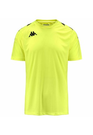 Maglietta a maniche corte gialla fluorescente in tessuto liscio, con accenti di logo neri sulle spalle e nel collo a giro.