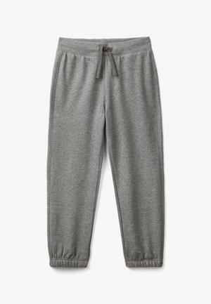 Szare dresy z elastycznym paskiem w talii, regulowanym sznurkiem, bocznymi kieszeniami i elastycznymi mankietami przy kostkach.