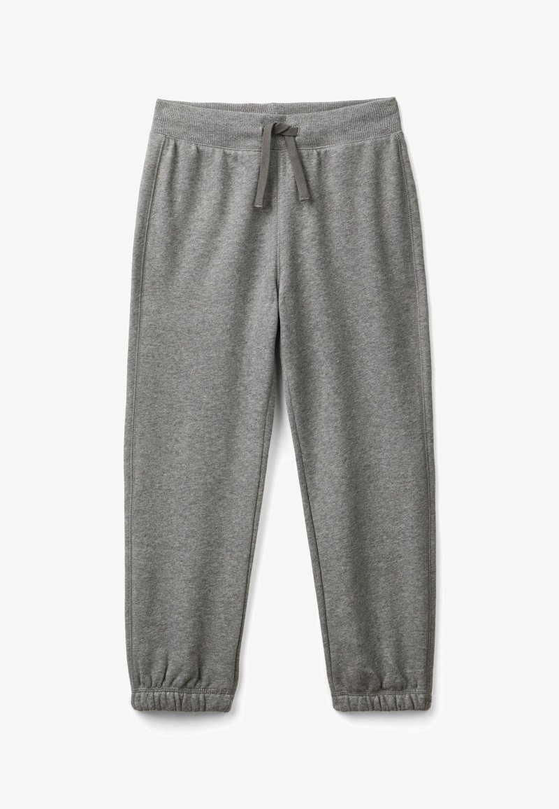 Pantaloni felpati grigi con vita elasticizzata, cordino regolabile, tasche laterali e polsini elasticizzati alla caviglia.