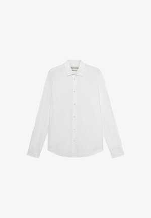 Camicia bianca a maniche lunghe con bottoni, realizzata in tessuto morbido, con colletto classico, bottoni frontali e orlo dritto senza motivi.