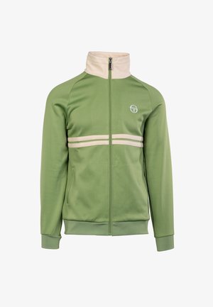 Grüne Zip-Jacke mit hohem Kragen, zwei kontrastierenden cremefarbenen horizontalen Streifen und dezentem Logo auf der Brust. Weicher Stoff und taillierte Passform.