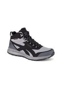 Wodoodporne buty hikingowe Reebok w kolorze szarym i czarnym, charakteryzujące się wysokim krokiem, teksturowanymi materiałami syntetycznymi oraz odblaskowymi sznurówkami.