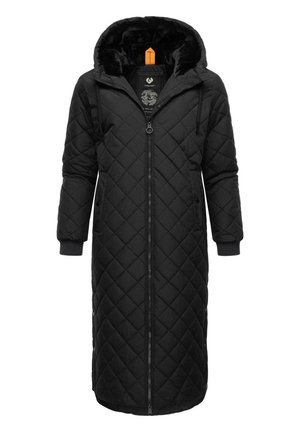 Black quilted long coat with a hood, front zipper, side pockets, and ribbed cuffs. Soft interior lining for warmth and comfort.