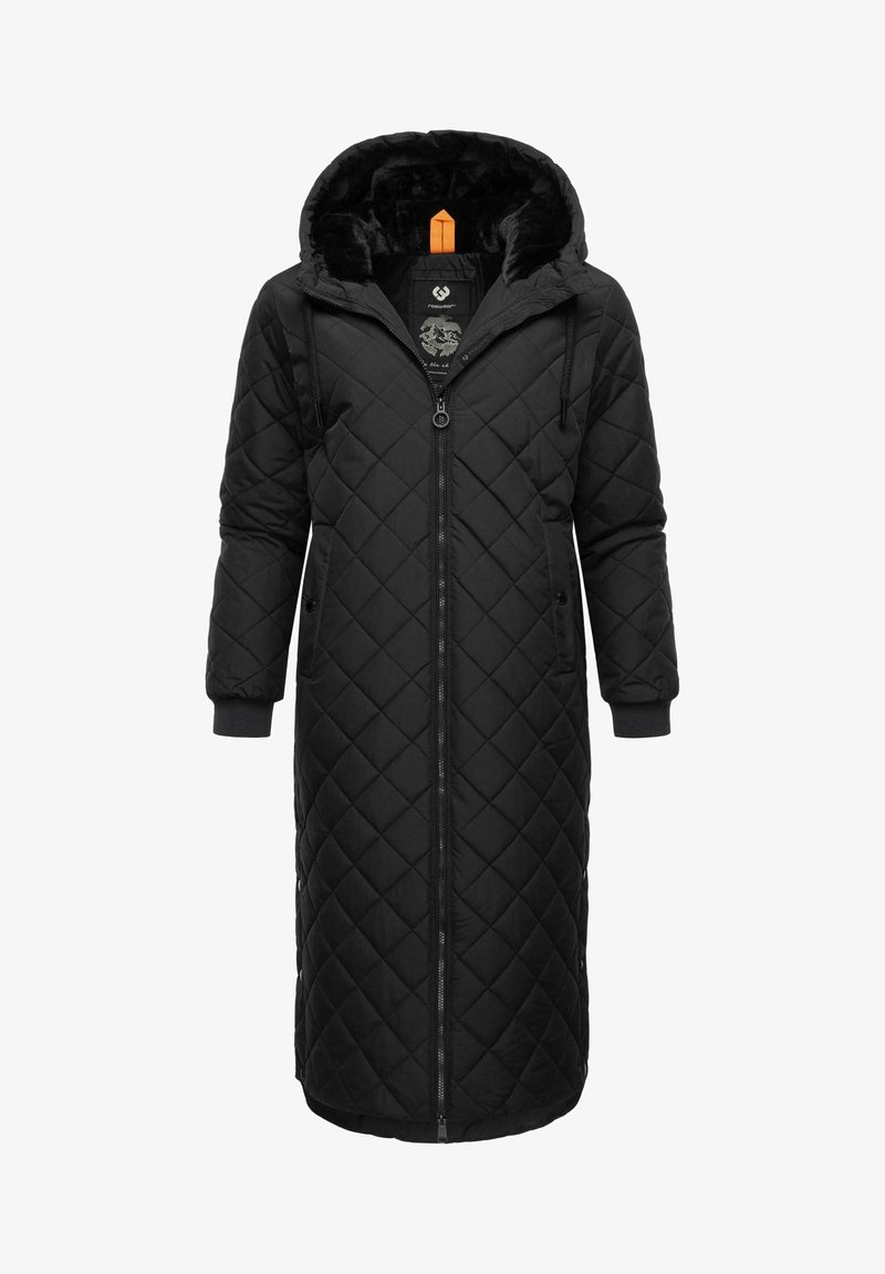Svart, quiltet lang jakke med hette, frontglidelås, sidelommer og ribbestrikkede mansjetter. Mykt innerfôr for varme og komfort.