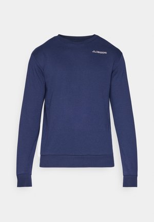 Marineblaue Langarm-Sweatshirt aus einem weichen, strukturierten Material. Mit Rundhalsausschnitt und elastischen Bündchen, sowie einem kleinen weißen Logo auf der Brust.