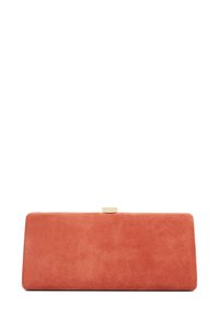 Suede rectangular clutch in coral with a smooth texture and a gold-tone clasp at the center. Clean, minimalist design without visible hardware.