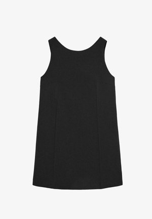 Czarna sukienka bez rękawów z okrągłym dekoltem i dwoma bocznymi kieszeniami. Materiał jest gładki, a sylwetka w kształcie litery A, zapewniająca swobodny krój.